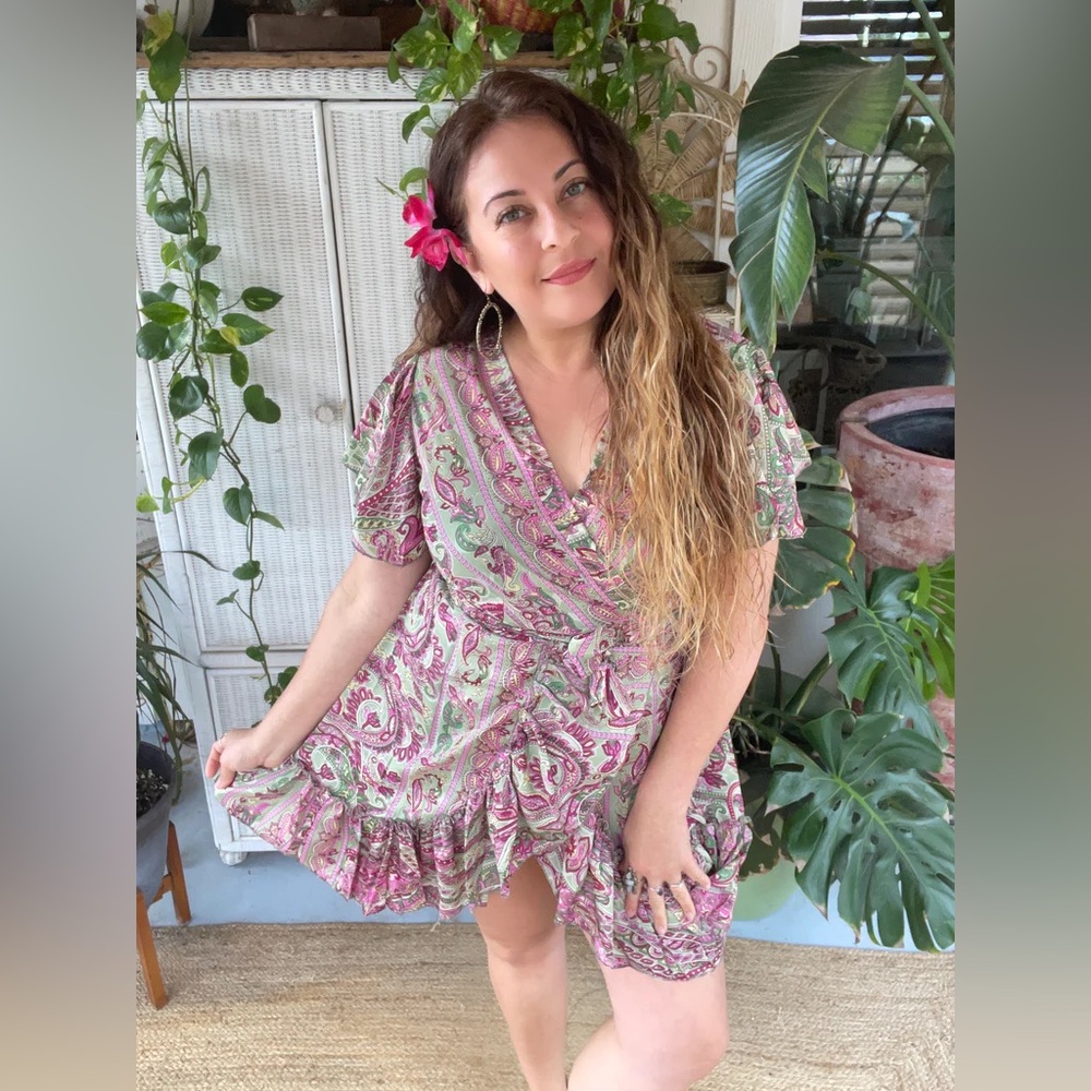 Silk Kimono Short Paisley Wrap Mini Dress in Pink & Green One Size